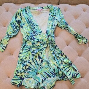 Lilly Pulitzer Blue and Green Leaf Pattern Dress
